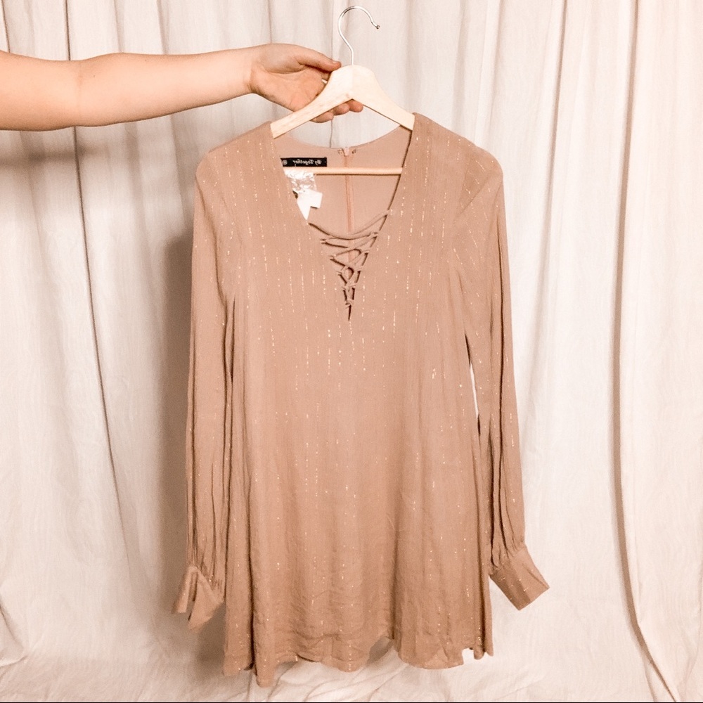 BY TOGETHER pink & gold lace up striped dress